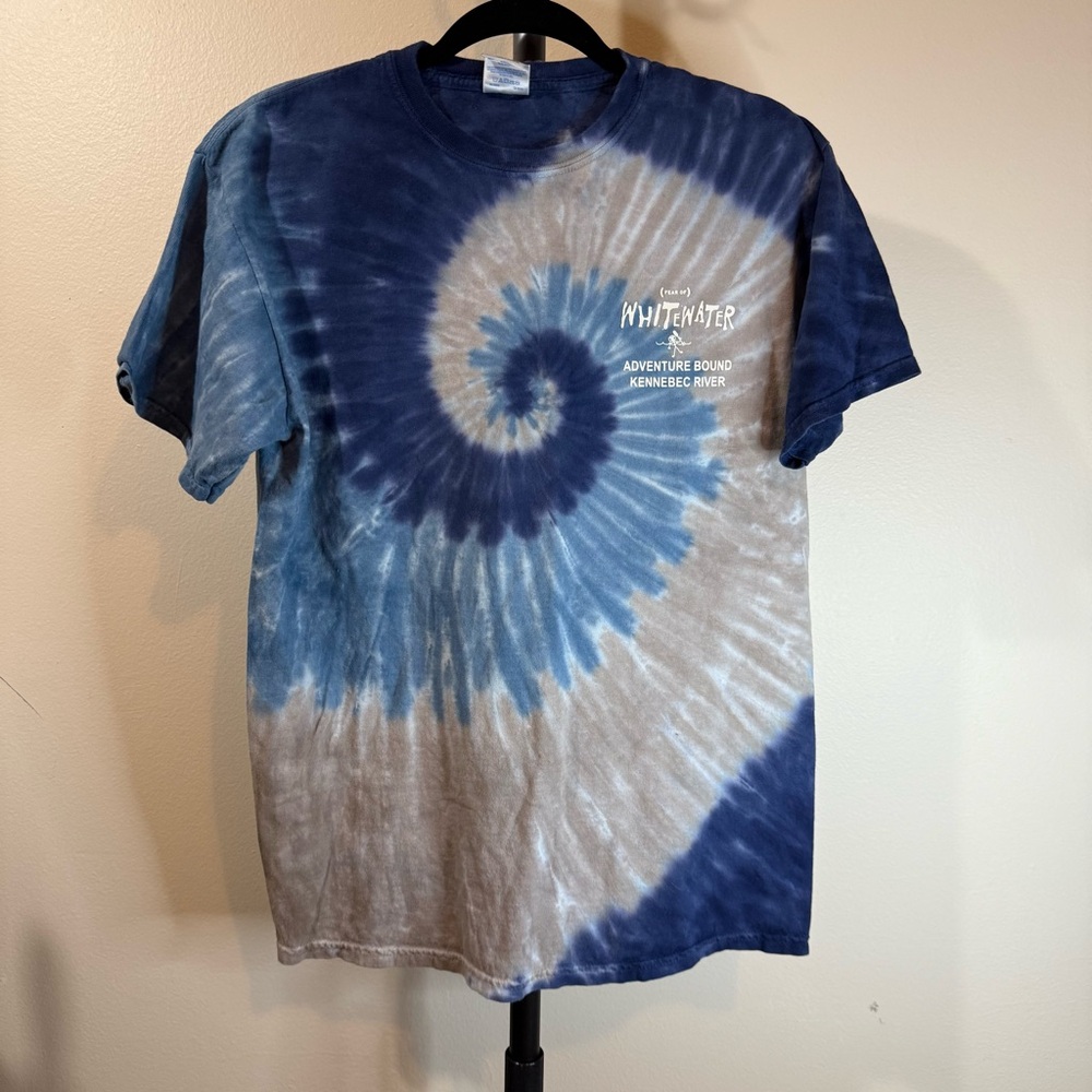 Whitewater Adventure Bound Kennebec River Blue and Gray Tie-Dye Tee